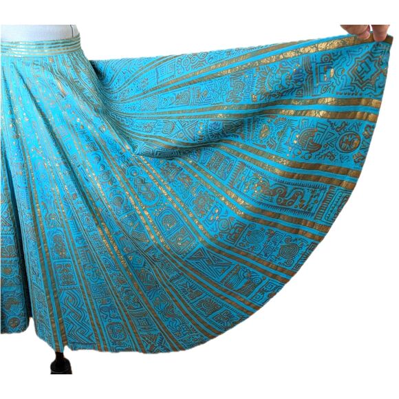 1950s MAYA de MEXICO Mayan Hieroglyph Hand Painted Aqua/Gold Circle Skirt sz. XS - Picture 1 of 14